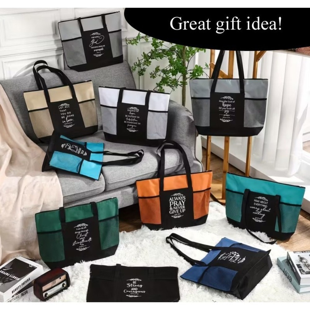 Chrisitan Tote Beach Bag x2 Scripture Bible Shopping Zip Aqua Green Gray Gift - Picture 7 of 11